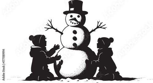 Heartwarming winter scene of children building a classic snowman together for Christmas fun and holiday joy, creating memories that last a lifetime