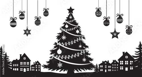 Charming Christmas scene featuring a decorated tree and quaint village, perfect for holiday cards, festive decorations, and seasonal greetings