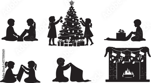 Magical Christmas Silhouette Scenes featuring Children Decorating Tree, Opening Gifts, and Enjoying Holiday Cheer by the Fireplace, Perfect for Festive Designs