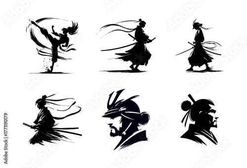 Samurai silhouettes in black ink brush style