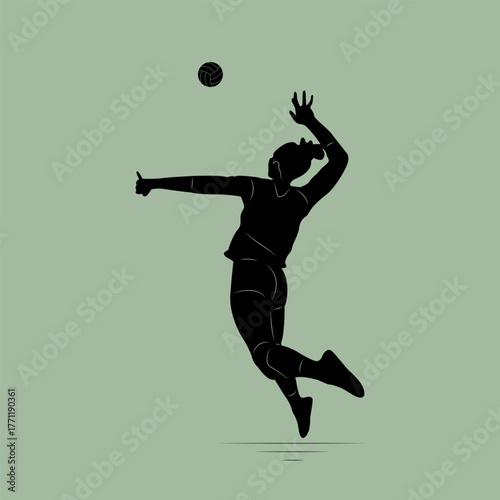 A striking, vertical silhouette illustration of a female volleyball player captured mid-jump in the act of attacking or spiking the ball.