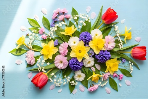 Wallpaper Mural Vibrant Spring Floral Flat Lay on Pastel Blue Background – Colorful Blossom Arrangement Photography Torontodigital.ca
