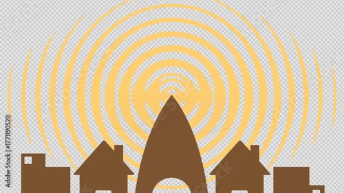 Animated signal waves emanating from a smart home network, creating a connected community experience with broadband technology expansion