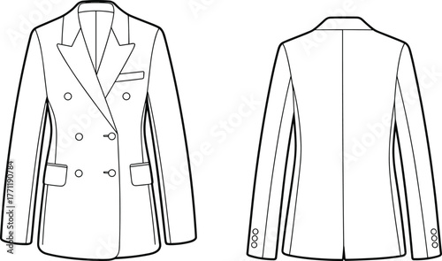 Double-breasted blazer fashion sketch, six-button front, notched lapel, welt and flap pockets, tailored seams, CAD drawing flat vector illustration