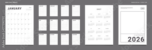 2026 Calendar Planner Set of Template Monthly Pages, Cover with Place for Photo, Company Logo Annual 2027. Vector layout grid vertical of wall or desk organizer. Week start Monday. Page A4 ready print