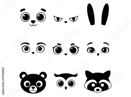 Playful vector set of various cartoon animal faces, expressive eyes, and cute ears, ideal for children's designs and avatars