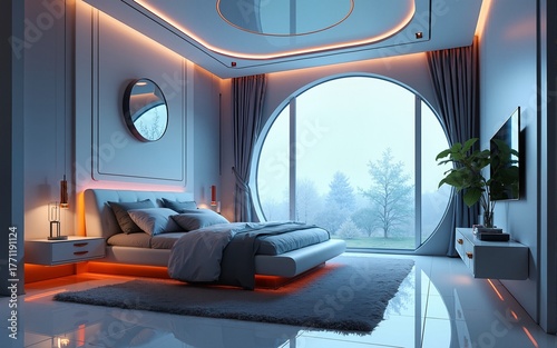 Science fiction bedroom interior .Futuristic 3d rendering. High quality