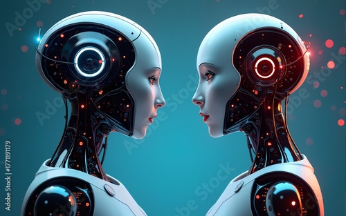 Digital illustration of two futuristic AI robots. Good robot vs. bad robot. generative AI illustration. High quality