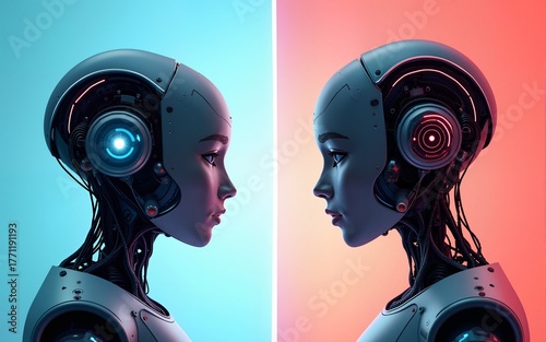 Digital illustration of two futuristic AI robots. Good robot vs. bad robot. generative AI illustration. High quality