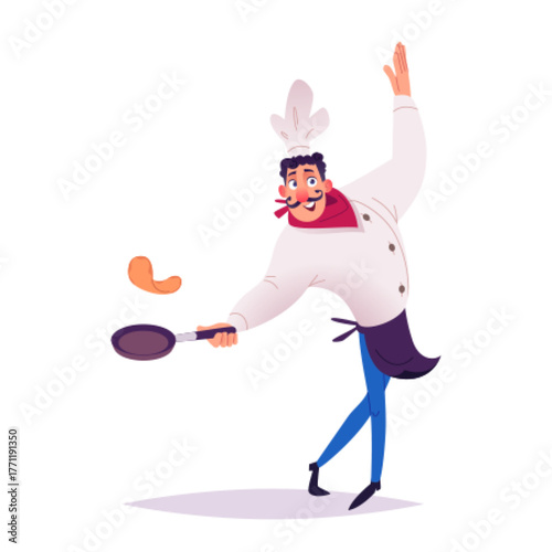 Cheerful cartoon chef skillfully flip a pancake in a frying pan.