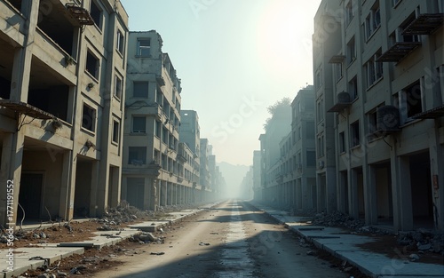postapocalyptic ruins abandoned city streets in the aftermath of disaster 3d rendering. High quality