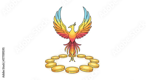 Mythical Phoenix Bird Rises from Golden Coins Symbolizing Rebirth and Wealth, Generative AI.