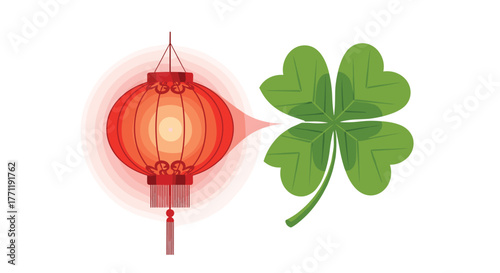 A Chinese lantern and a four leaf clover symbol of luck, Generative AI.