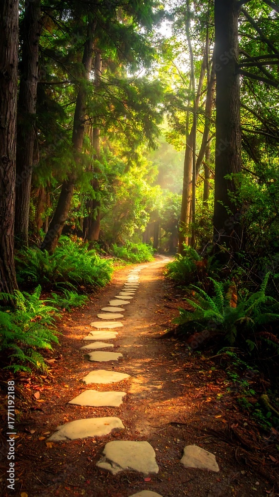 Obraz premium A sunlit stone path winds through a lush, vibrant forest