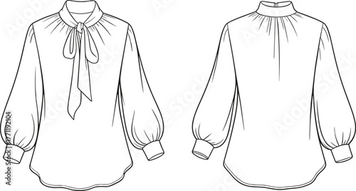 High neck blouse, fashion flat, bow tie detail, voluminous sleeve, front and back h, 