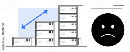 Servers in increasing stacks with upward arrow showing scalability, accompanied by a sad face icon indicating technical issues or inefficiency. Ideal for growth, system failure, technology