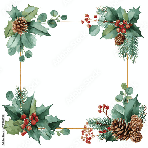 Watercolor painting. Watercolor holly Christmas frame. Christmas vector frame. Pine cones and holly.