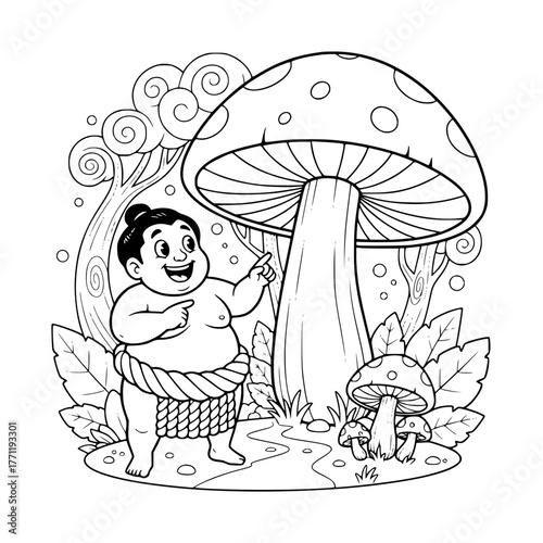 Delighted sumo wrestler finding giant mushroom, simple whimsical coloring page for toddlers Generative ai