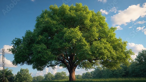 Picturesque Oak Tree in a Tranquil Park Setting with Vibrant Green Leaves under a Blue Sky on a Sunny Day - Stunning Landscape Photography of Serene Nature and Plant Life in the Countryside