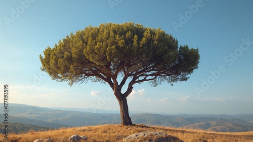 Serene Pine Tree in Vast Rural Landscape Under Blue Sky: Tranquil Scenic View of Natural Beauty and Wilderness Exploration