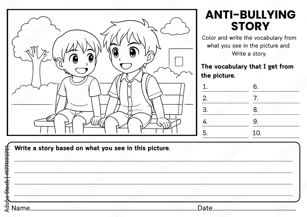 Fototapeta premium Anti-Bullying story writing worksheets for kids! Includes creative prompts, SEL reflections, and vocabulary activities to build empathy, kindness, and respect in grades 1–3 classrooms.