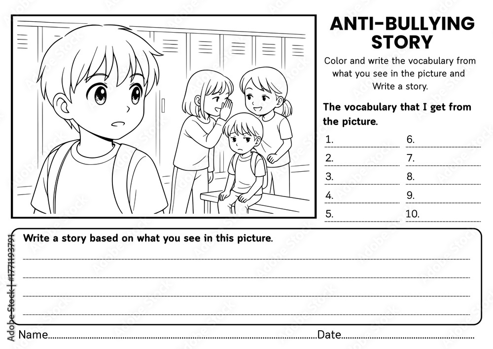 Obraz premium Anti-Bullying story writing worksheets for kids! Includes creative prompts, SEL reflections, and vocabulary activities to build empathy, kindness, and respect in grades 1–3 classrooms.