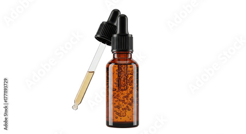 Amber glass dropper bottle filled with yellow liquid and label isolated on transparent background