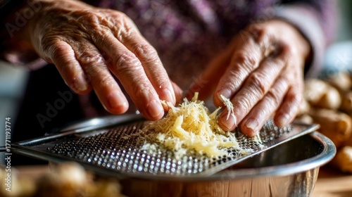 Aged hands grating ginger