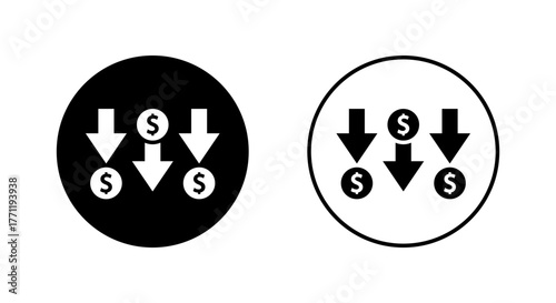 Dollar down icon in black circle. Money decrease symbol. Financial loss sign