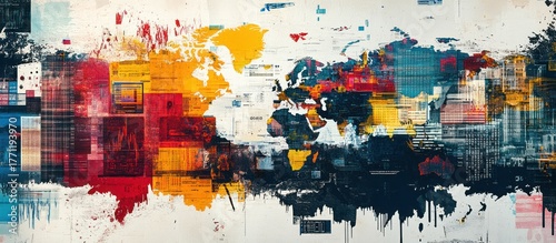 Fototapeta Naklejka Na Ścianę i Meble -  Abstract world map with colorful paint splashes and abstract elements.