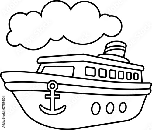 Simple Outline Ferry Boat and Cloud Nautical Illustration for Children