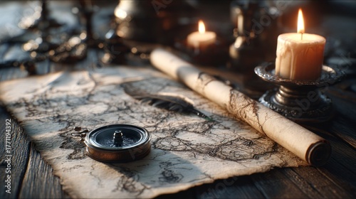 Antique map and compass