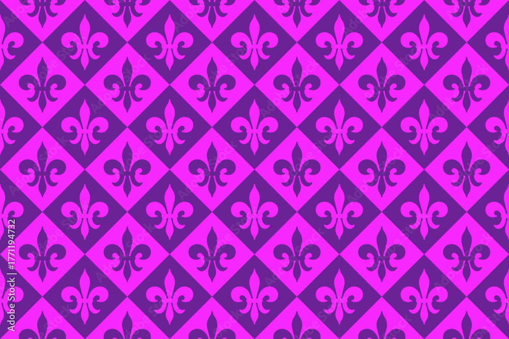 © Ekaterina - Mardi Gras Rhombus and Fleur de Lys Seamless Pattern. Festive Purple Background. © Ekaterina - Mardi Gras Rhombus and Fleur de Lys Seamless Pattern. Festive Purple Background.