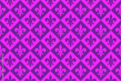 Mardi Gras Rhombus and Fleur de Lys Seamless Pattern. Festive Purple Background. 