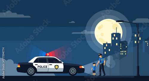 Illustration of a police officer and a child in a stylized cityscape at night