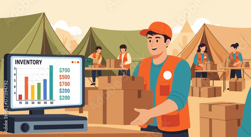 Logistics coordination and inventory tracking in a refugee camp setting illustration