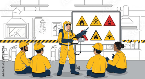 Industrial safety training session with instructor and workers wearing safety gear