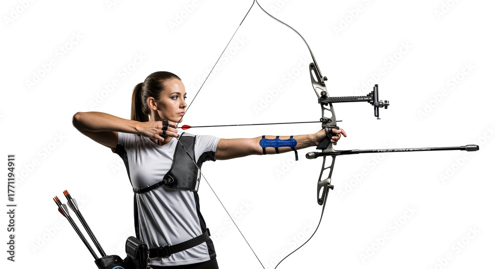 Obraz premium Focused female archer with compound bow aims precisely at target