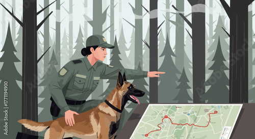 Ranger and Search Dog Plotting Course in Deep Forest Landscape Investigation