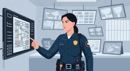 Female security officer monitors surveillance system at security control room