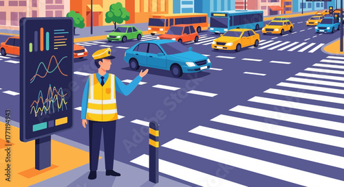 Dynamic street scene with a traffic controller directing vehicles and pedestrians safely