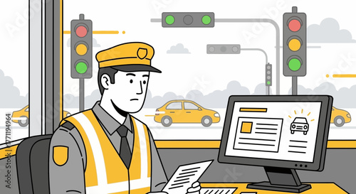 Traffic warden overseeing city traffic via computer monitoring during duty hours