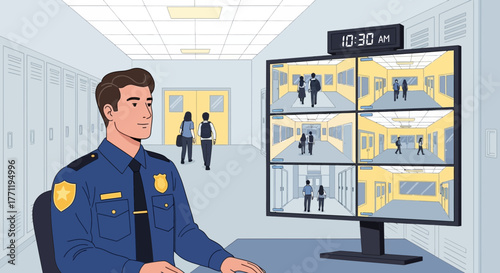 Security guard monitoring school hallways through CCTV screens for safety measures
