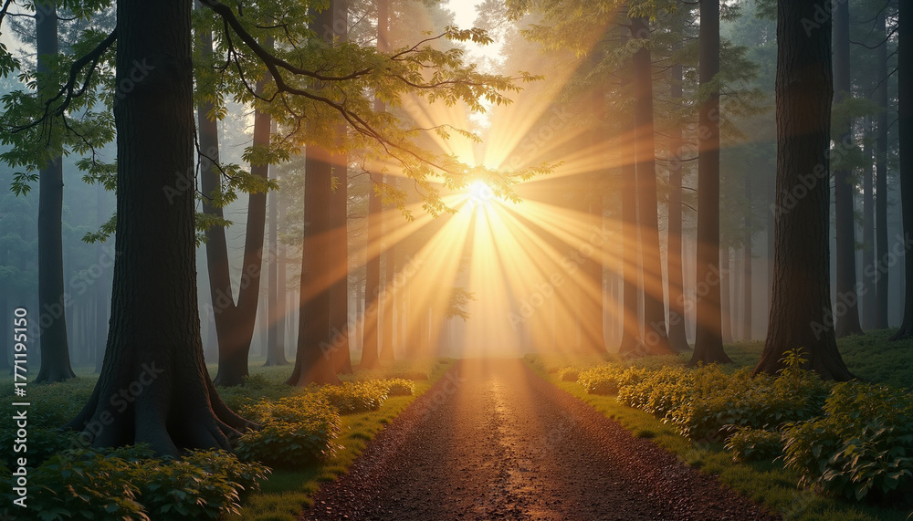 Obraz premium Magical sunlight streaming through trees in a misty forest path