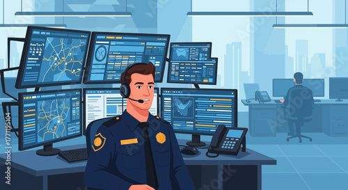 Vigilant Officer Monitoring Surveillance Screens in a Modern Command Center