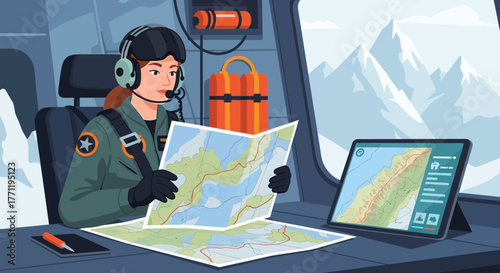 Aviation Navigator: Planning Flight Route with Paper Map and Digital Tablet in Cockpit