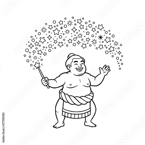 Joyful sumo wrestler with magic wand, simple cheerful coloring page for toddlers Generative ai