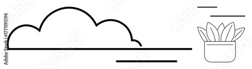 Simple cloud with horizontal lines and a small potted plant with leaves. Ideal for nature, environment, greenery, growth, modern design, sustainability, relaxation themes. Clean flat metaphor