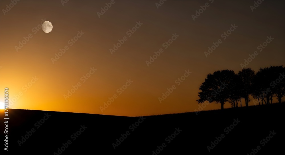 Fototapeta premium Sunset and Full Moon Over Horizon, Silhouetted Trees at Golden Hour, Peaceful Evening Landscape View