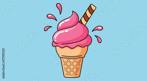 Pink ice cream cone with wafer stick and splashes on blue background dessert sweet